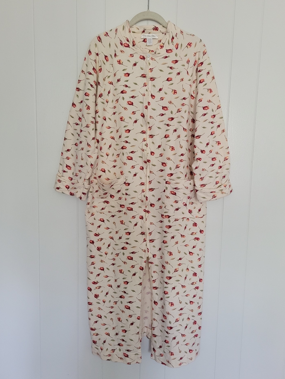 Christian Dior Vintage Robe Zip Front Floral Rosebud 100% Cotton Full Length SM